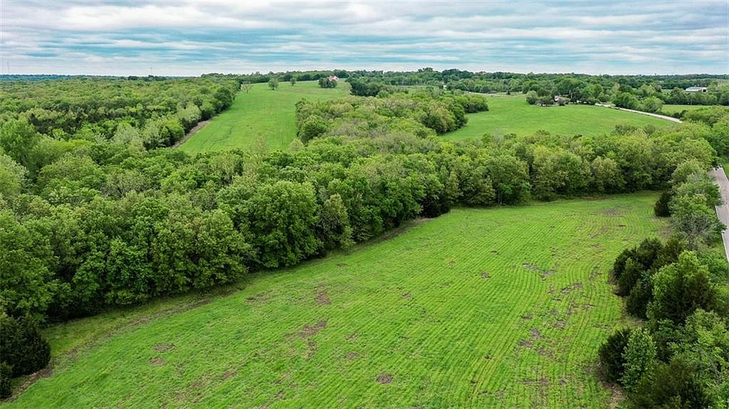 Low aerial of the parcel's rolling topography, fields meeting timber pockets